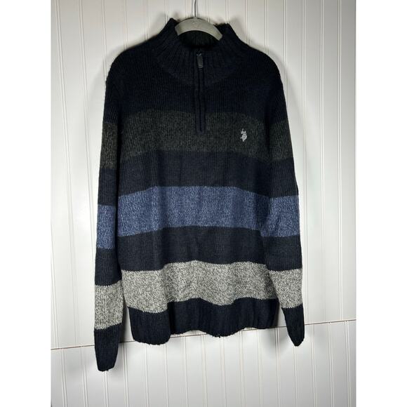 US POLO ASSN BLACK GRAY STRIPED 1/4 ZIPPER LONG SLEEVE KNIT MENS SWEATER XL - Picture 1 of 13